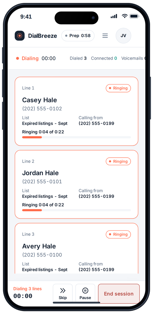 Dialing session on a phone: three lines ringing with lead names and timers