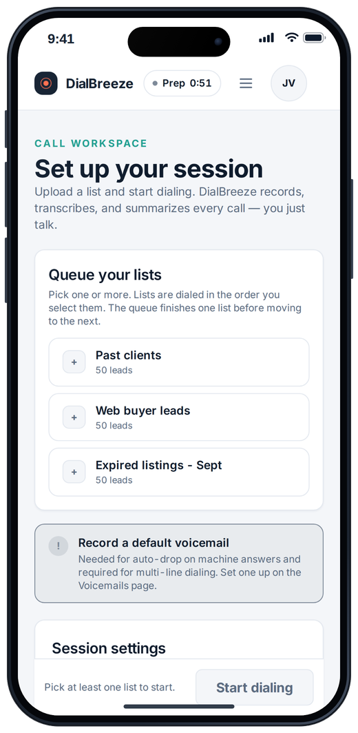 Session setup on a phone: choosing calling lists before dialing