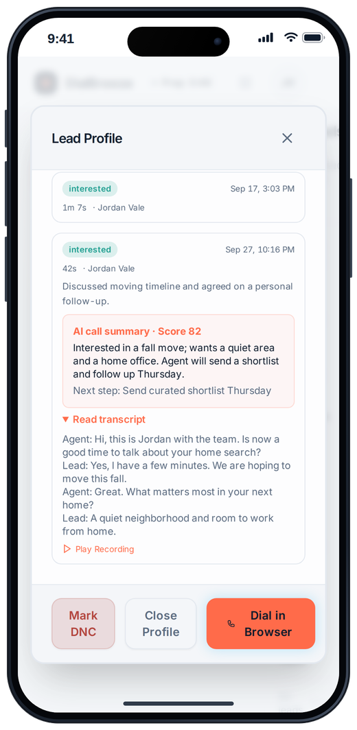 Lead profile on a phone with the call transcript under the AI summary