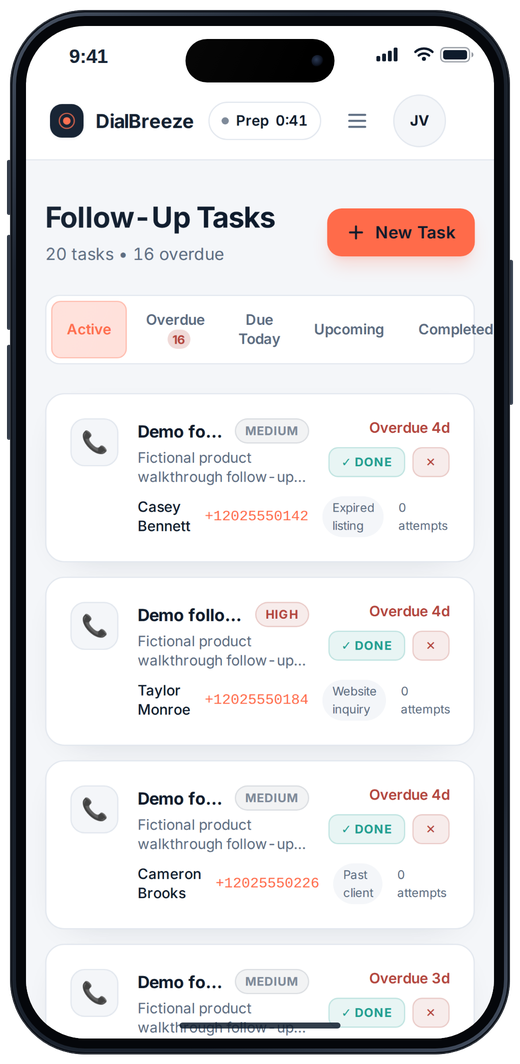 Task list on a phone with follow-up tasks and due dates
