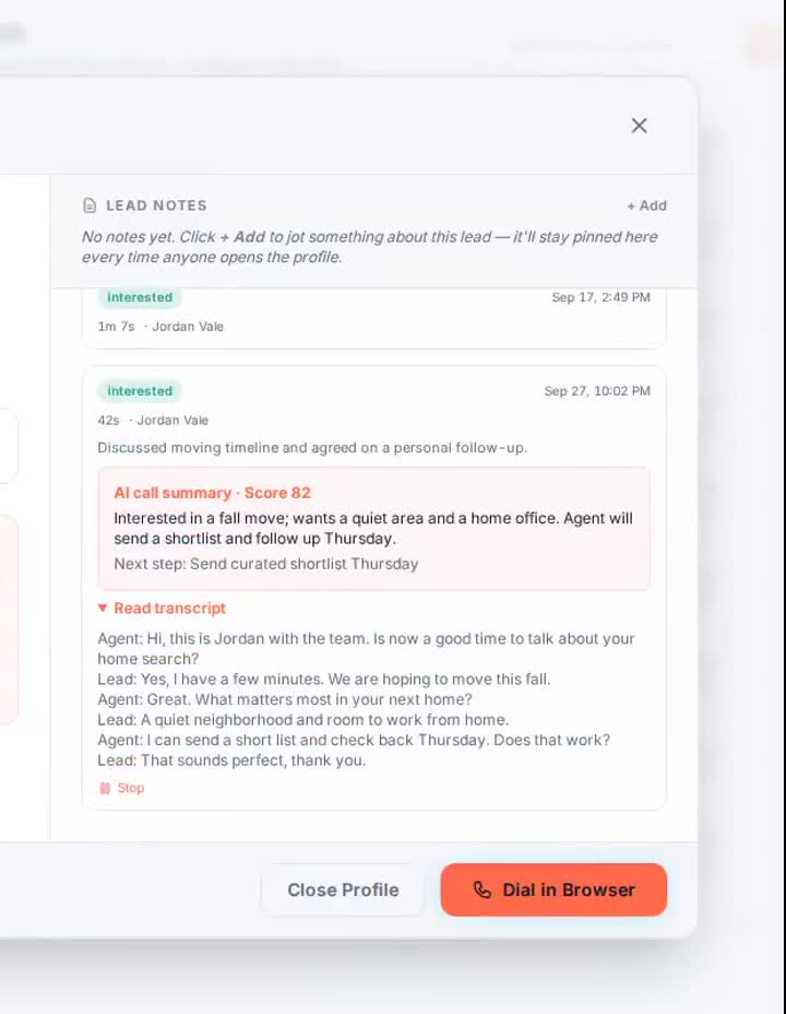 Sample lead card with AI call summary and transcript displayed beneath it