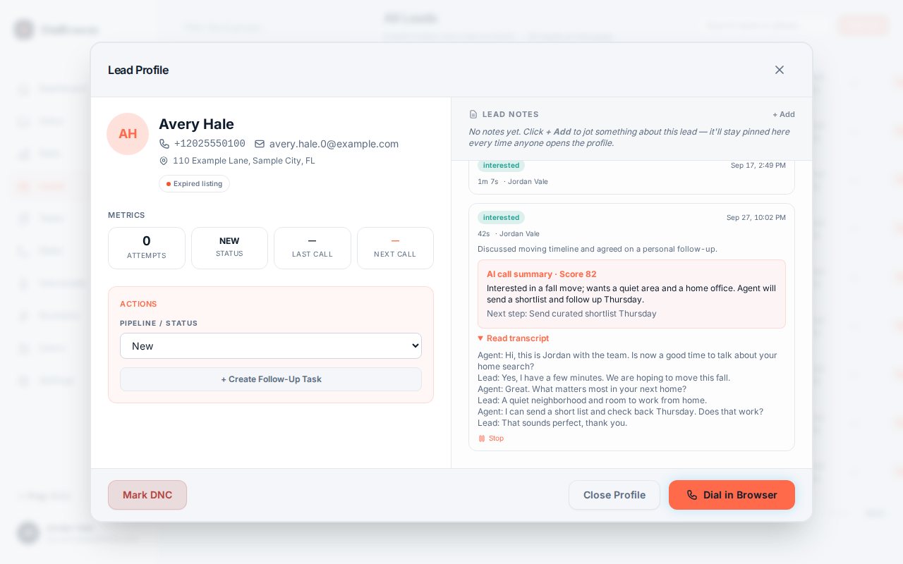 After-call review with a playable recording attached to the call record